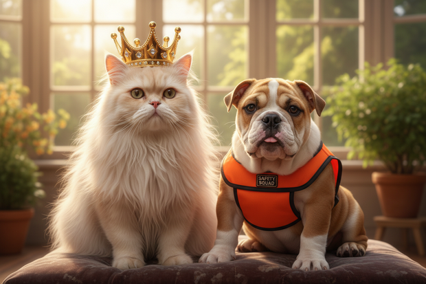 Persian cat with crown and bulldog pup with safety vest